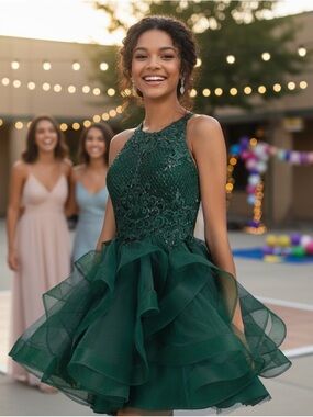 Princess Scoop Short Tulle Lace Homecoming Mini Dress With Sequins Dark Green